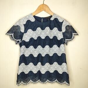 Banana Republic Lace Top Navy White Wavy Stripe